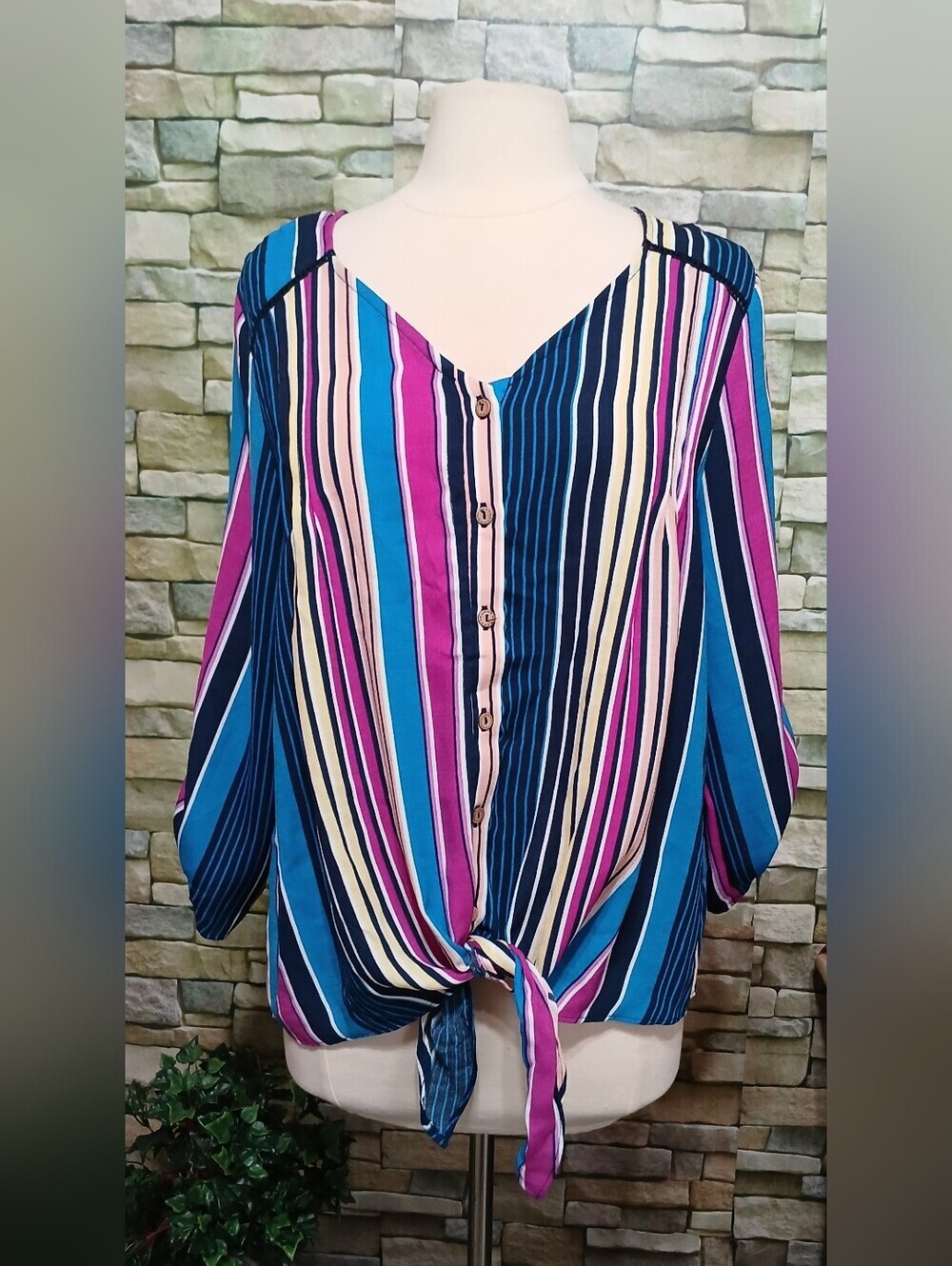XL Striped Button-Front Tie Hem Women’s Top - Blue/Purple/Pink
